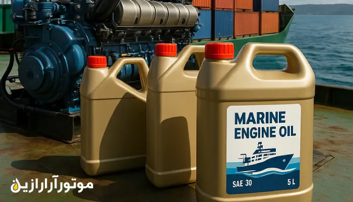 چند گالن روغن موتور دریایی با برچسب "Marine Engine Oil SAE 30 – 5L" در عرشه کشتی، در کنار موتور صنعتی بزرگ و کانتینرهای دریایی.