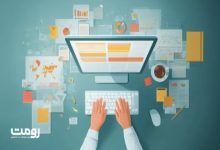 طراحی و تولید محتوا برای وب‌سایت با نمودارها و داده‌های دیجیتال روی میز کار