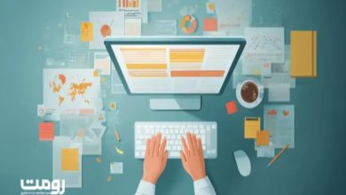 طراحی و تولید محتوا برای وب‌سایت با نمودارها و داده‌های دیجیتال روی میز کار