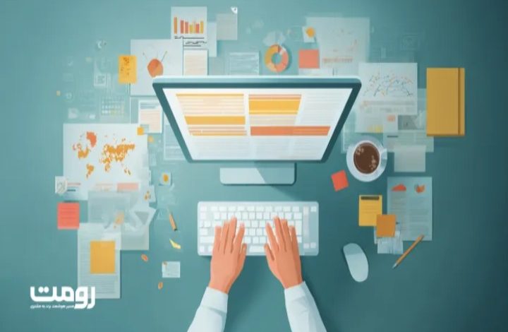 طراحی و تولید محتوا برای وبسایت با نمودارها و دادههای دیجیتال روی میز کار