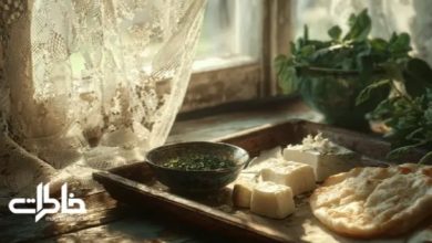 سینی چوبی با نان تازه، پنیر سفید و نعنا و سبزی خوردن کنار پنجره نورگیر با پرده‌های تور قدیمی؛ حس صبح‌های نوستالژیک ایرانی و حال‌و‌هوای مجله خاطرات.