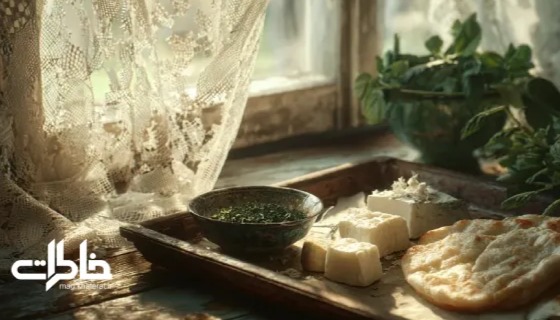 سینی چوبی با نان تازه، پنیر سفید و نعنا و سبزی خوردن کنار پنجره نورگیر با پرده‌های تور قدیمی؛ حس صبح‌های نوستالژیک ایرانی و حال‌و‌هوای مجله خاطرات.