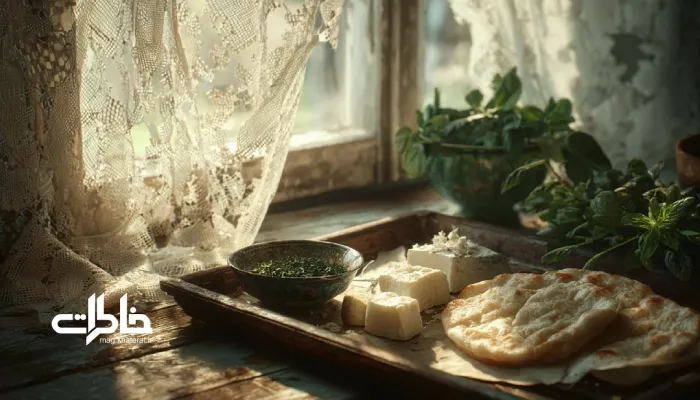 سینی چوبی با نان تازه، پنیر سفید و نعنا و سبزی خوردن کنار پنجره نورگیر با پرده‌های تور قدیمی؛ حس صبح‌های نوستالژیک ایرانی و حال‌و‌هوای مجله خاطرات.