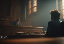 صحنه داخل دادگاه با متهم یا وکیل نشسته در برابر قاضی؛ نور از پنجره‌های قدیمی وارد شده و فضا رسمی و سنگین است، مناسب توضیح مراحل اولیه بازداشت و حقوق فرد در دادرسی.