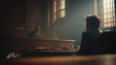 صحنه داخل دادگاه با متهم یا وکیل نشسته در برابر قاضی؛ نور از پنجره‌های قدیمی وارد شده و فضا رسمی و سنگین است، مناسب توضیح مراحل اولیه بازداشت و حقوق فرد در دادرسی.