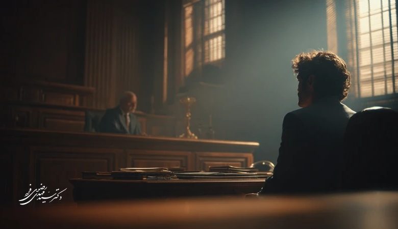 صحنه داخل دادگاه با متهم یا وکیل نشسته در برابر قاضی؛ نور از پنجره‌های قدیمی وارد شده و فضا رسمی و سنگین است، مناسب توضیح مراحل اولیه بازداشت و حقوق فرد در دادرسی.