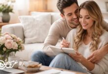 زوج جوان در فضای نشیمن روشن و گرم روی مبل نشسته‌اند؛ زن در حال نوشتن در دفترچه برنامه‌ریزی است و مرد با لبخند او را در آغوش گرفته، کنارشان دسته‌گل رز و میز کار با لپ‌تاپ دیده می‌شود.
