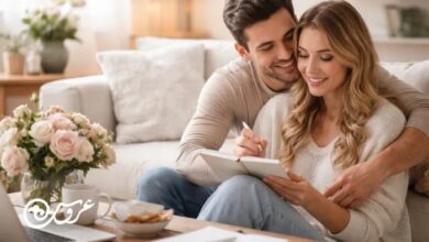 زوج جوان در فضای نشیمن روشن و گرم روی مبل نشسته‌اند؛ زن در حال نوشتن در دفترچه برنامه‌ریزی است و مرد با لبخند او را در آغوش گرفته، کنارشان دسته‌گل رز و میز کار با لپ‌تاپ دیده می‌شود.