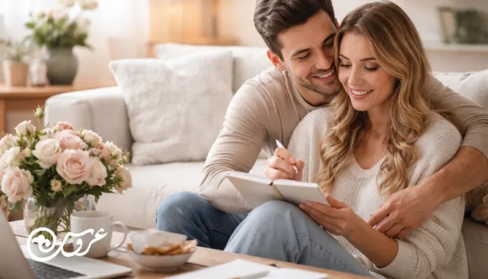 زوج جوان در فضای نشیمن روشن و گرم روی مبل نشسته‌اند؛ زن در حال نوشتن در دفترچه برنامه‌ریزی است و مرد با لبخند او را در آغوش گرفته، کنارشان دسته‌گل رز و میز کار با لپ‌تاپ دیده می‌شود.