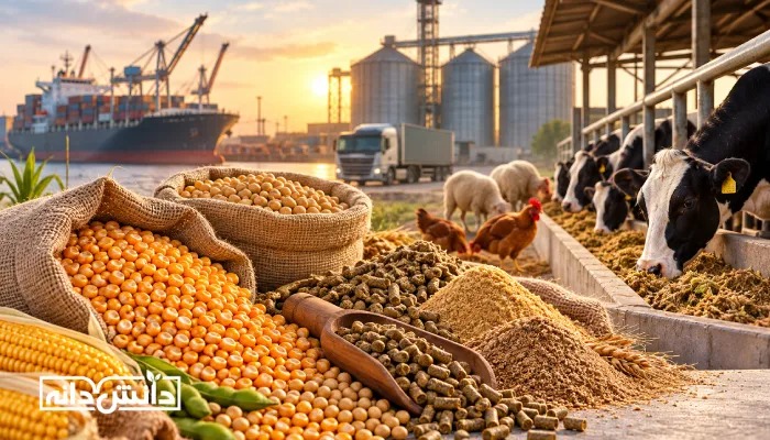 تصویر نهادههای دامی شامل ذرت، سویا و خوراک پلت در کنار گاوها، گوسفندان و مرغها، با نمایی از سیلوهای ذخیره غلات، کشتی باری و کامیون حمل نهاده در پسزمینه.